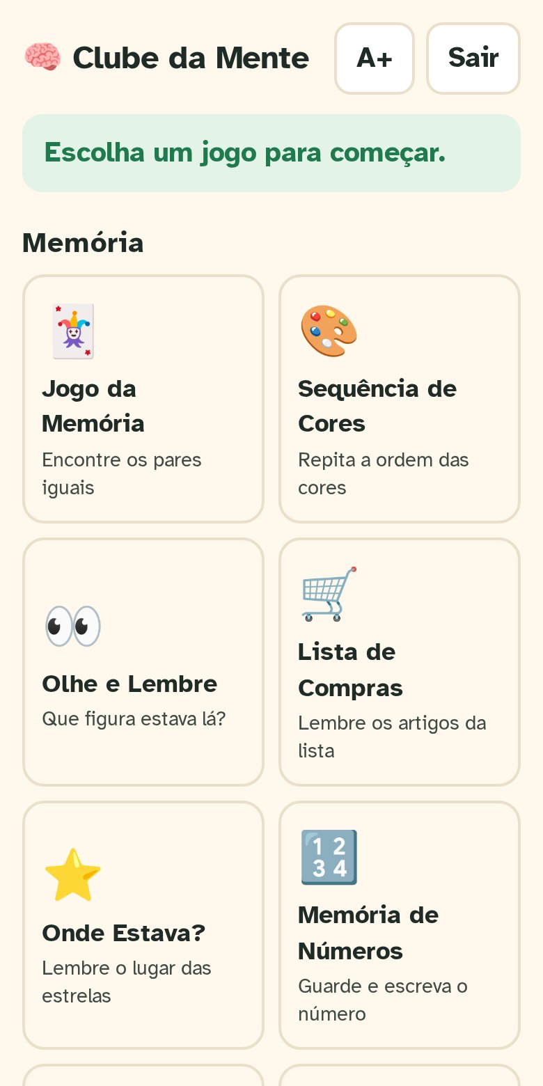 Ecrã inicial do Clube da Mente com a lista de jogos