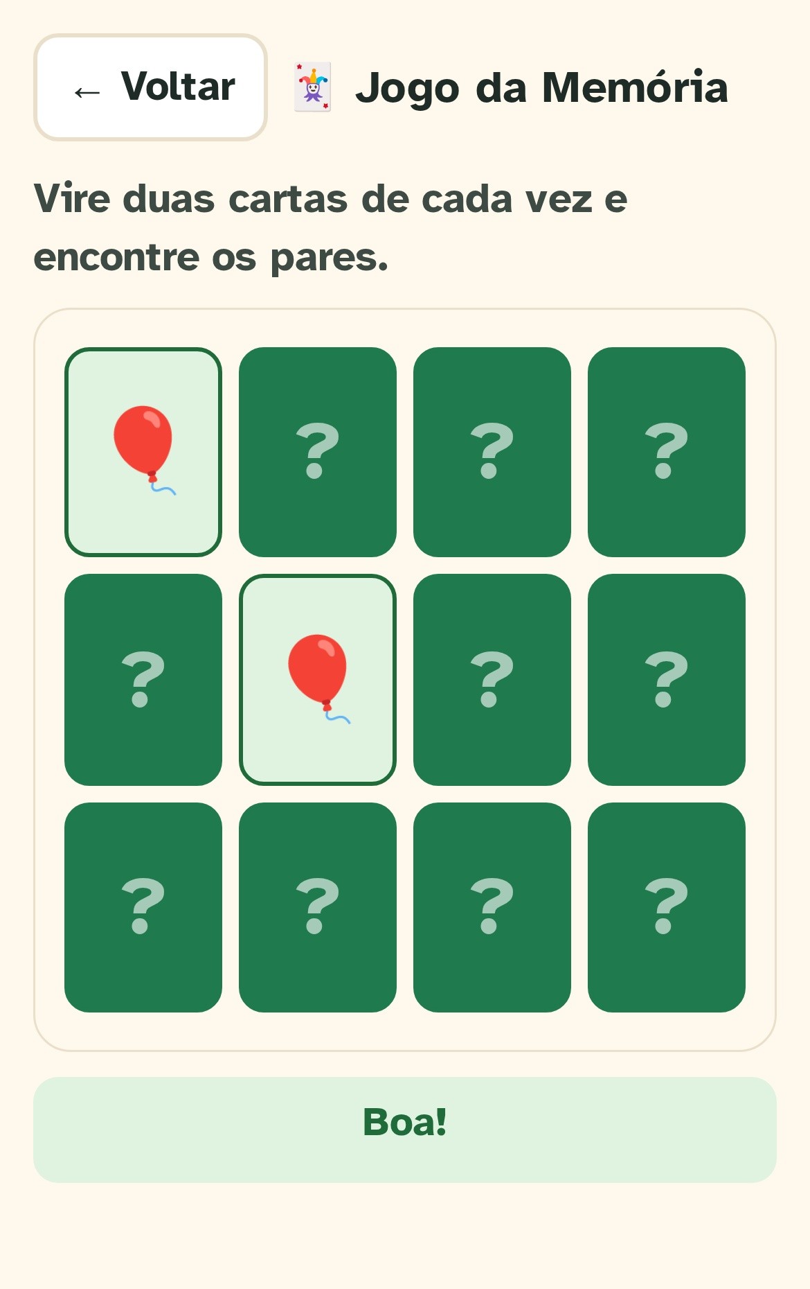 Ecrã do jogo da área Memória
