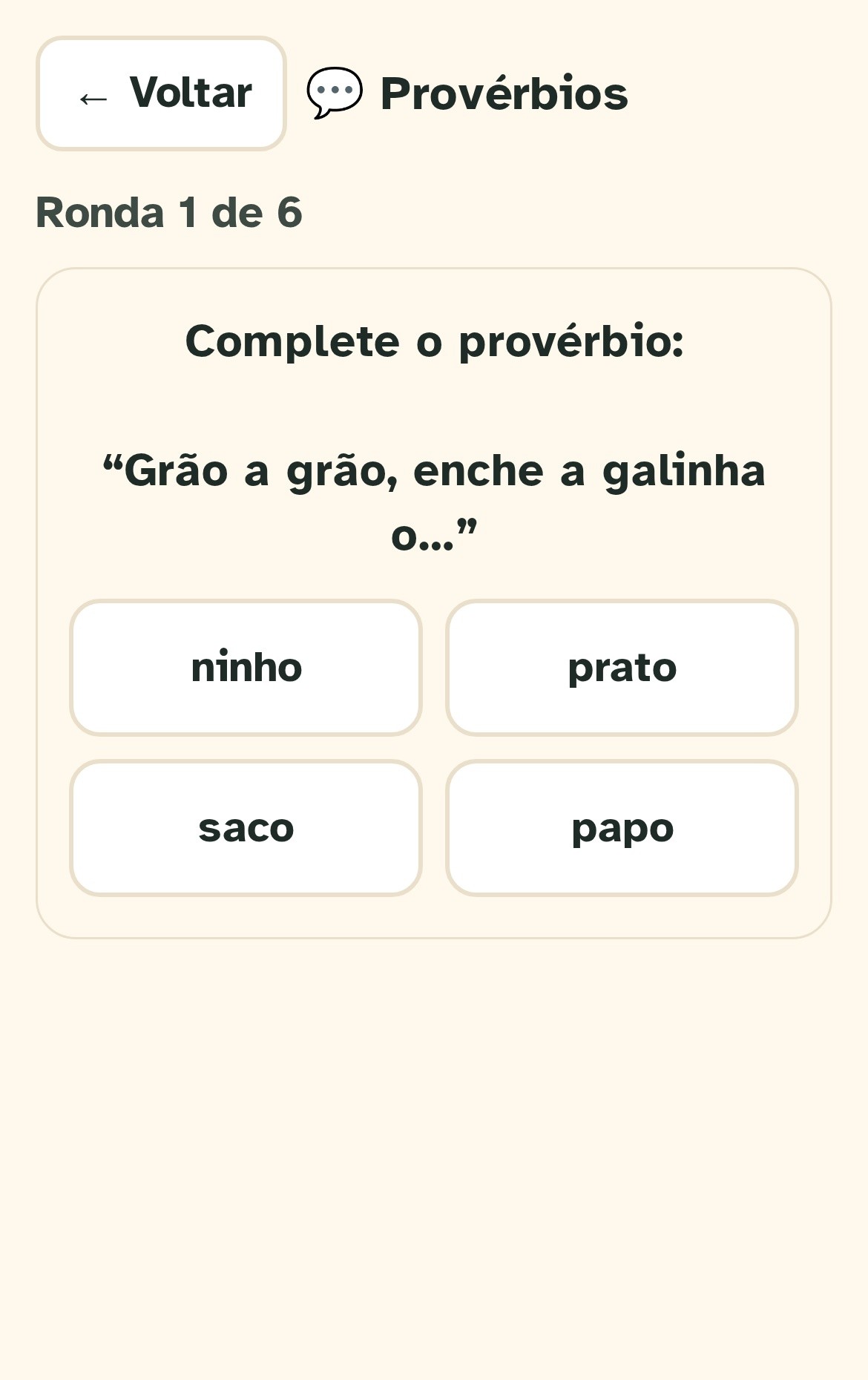 Ecrã do jogo da área Palavras